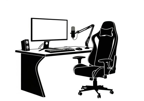 Black Office Desk with Computer Chair Graphic for Branding