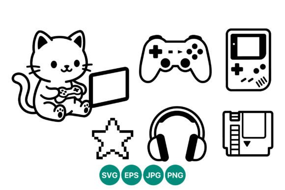 Cat Playing Game Controller Vector Line
